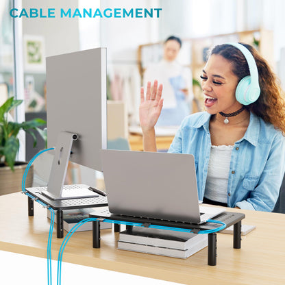 BONTEC 2 Pack Monitor Stand Riser, 3 Height Adjustable Monitor Stand for Desk, Computer Monitor Riser Stand with Mesh Platform for Laptop, Computer, iMac, PC (Black, 2 Pack Normal)