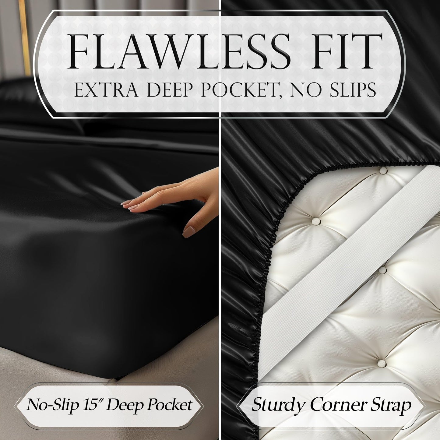 DECOLURE Satin Bed Sheets - 4 Piece Luxury Silky King Size Bedding Set - Softer Than Silk, Wrinkle-Free with 15” Deep Pocket Fitted Sheet, Perfect for Hair & Skin, Gifts for Women (Black)