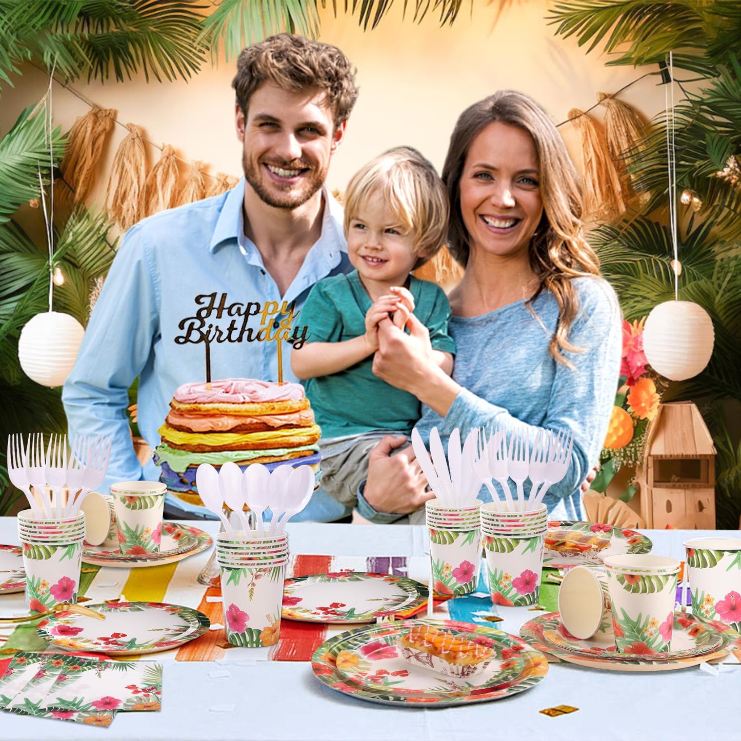 SIMYFOIN Hawaiian Tropical Beach Theme Party Decorations Disposable Floral Paper Plates and Napkins Set for 24 Guest Beach Luau Birthday Summer Paper Plate Tableware