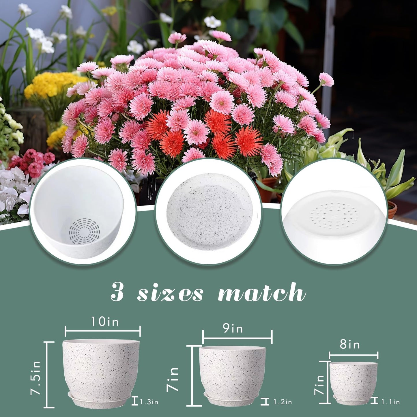 10/9/8 inch Plant Pots, 3 Pack Plastic Flower Pots Modern Flower Pots with Drainage Holes and Trays are for Indoor and Outdoor Plants, Herbs and Flowers,White Speckles (White)