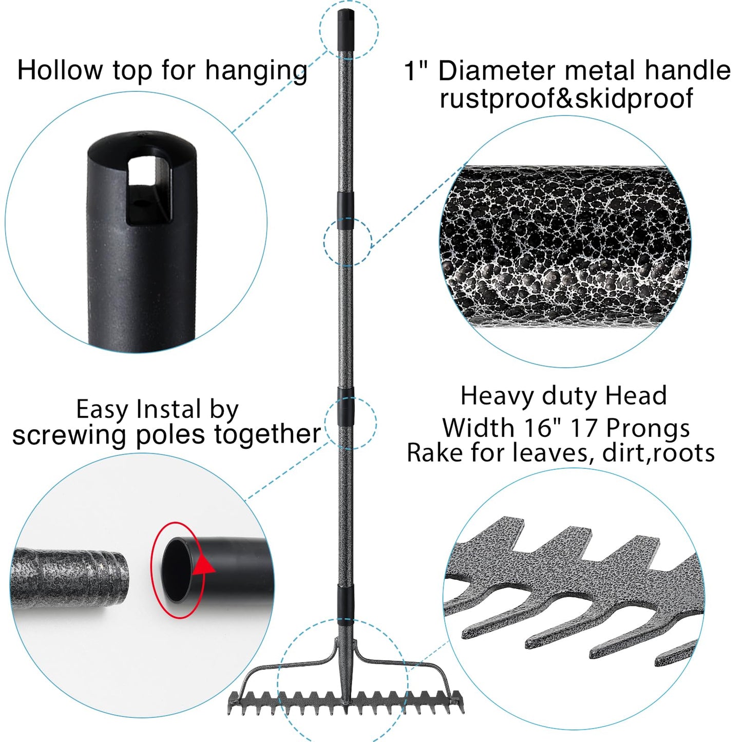 Thatch Rakes for Lawns, Heavy Duty Metal Garden Rake with 17 Prongs, Adjustable Yard Rock Rake for Gardening Loosening Soil, Long Handle 60 Inches