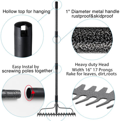 Thatch Rakes for Lawns, Heavy Duty Metal Garden Rake with 17 Prongs, Adjustable Yard Rock Rake for Gardening Loosening Soil, Long Handle 60 Inches