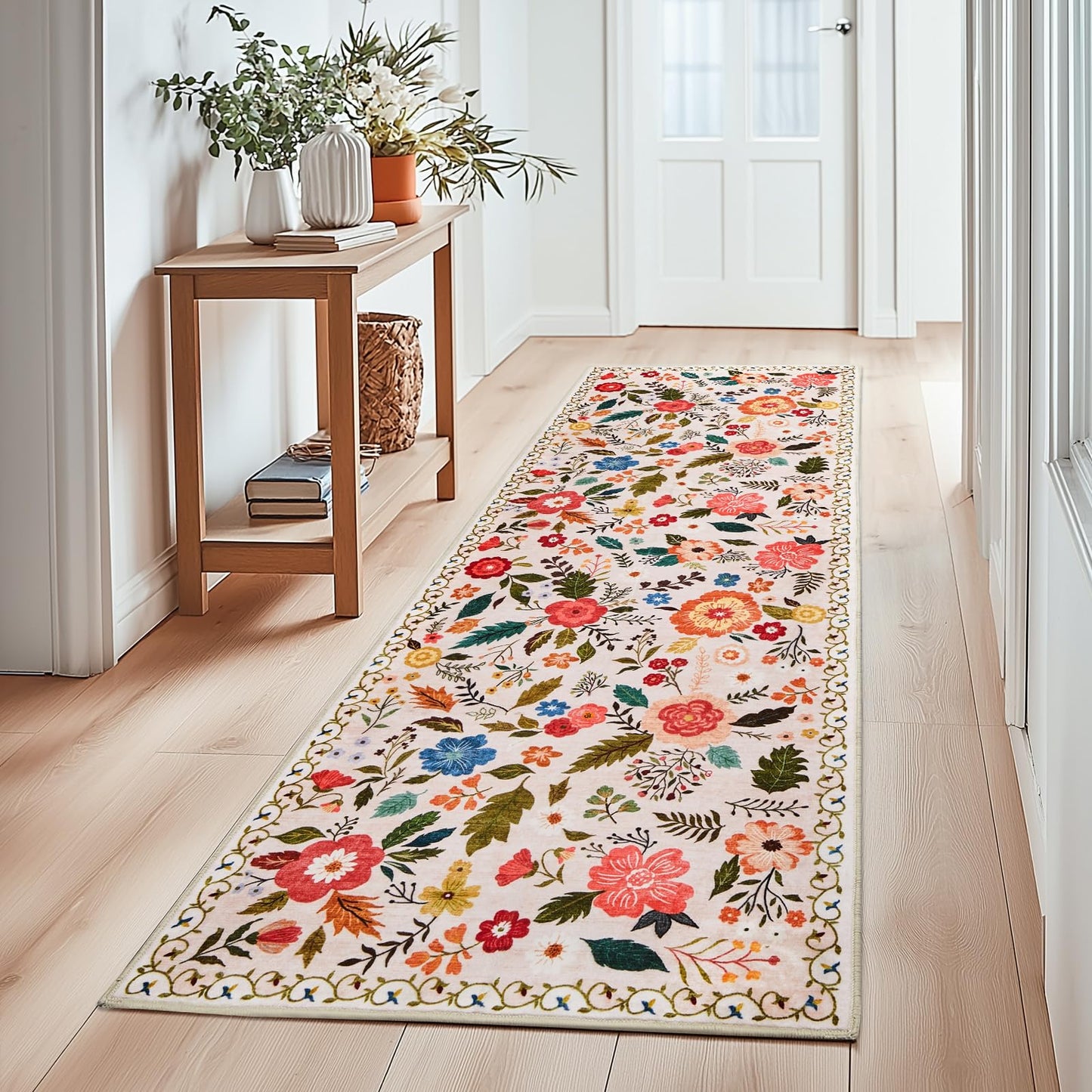 Runner Rugs for Hallway 2x6 Ft, Ultra Thin Non-Slip Long Floral Carpet Washable, Area Rug for Living Room Bedside Entryway Hall Bedroom Stain Resistant Boho Low-Pile Indoor(Beige with Pink)