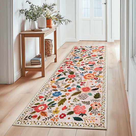 Runner Rugs for Hallway 2x6 Ft, Ultra Thin Non-Slip Long Floral Carpet Washable, Area Rug for Living Room Bedside Entryway Hall Bedroom Stain Resistant Boho Low-Pile Indoor(Beige with Pink)