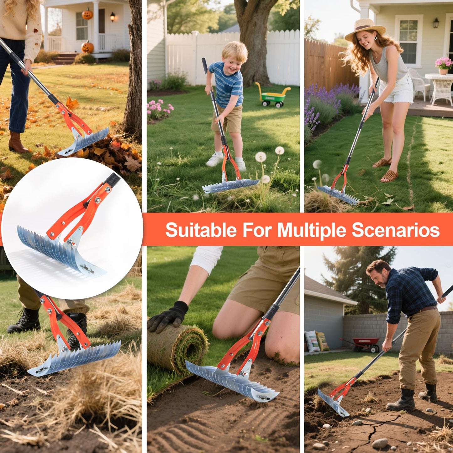 Thatch Rake for Lawns 15-Inch Lawn Dethatcher Rake with Adjustable Handle Heavy Heavy Duty with 5FT Handle, 70’’ for Leaves, Dethatching, Soil Turning, Gloves, Storage Bag