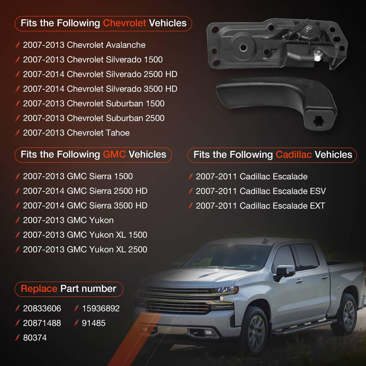 ATRACYPART Interior Door Handle Kit Front Left Drivers Side | for 2007-2014 Chevy Silverado, Tahoe, Suburban, Avalanche, GMC Sierra, Yukon, Yukon XL, Cadillac Escalade | Replaces# 20833606, 80374