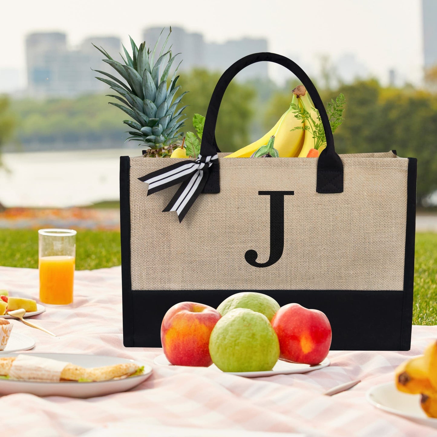 TOPDesign Personalized Initial Canvas Beach Bag, Monogrammed Gift Tote Bag for Women, Black & Brown, 17" x 11.8" x 7.8", J