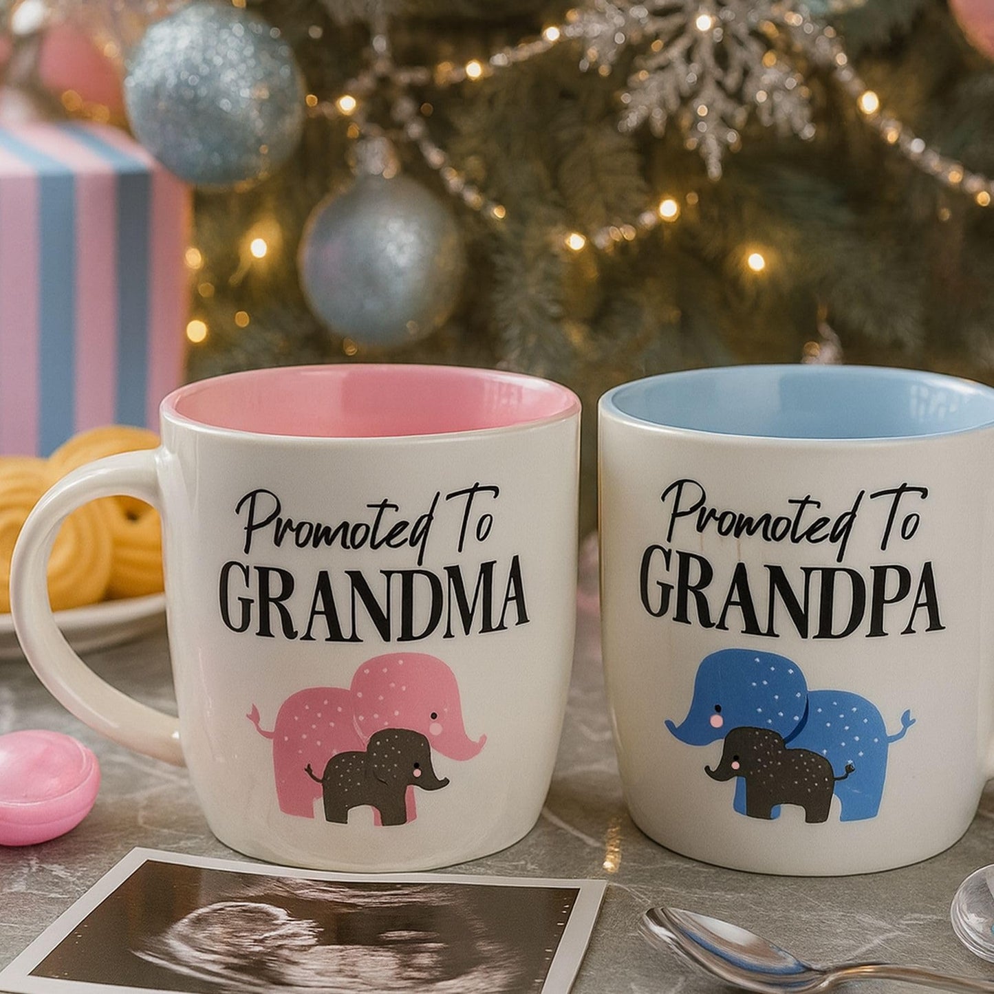 Triple Gifffted Promoted to Grandparents Coffee Mugs for New Best Grandma and Grandpa, Gifts Ideas First Time Grandparent Baby Reveal Pregnancy Announcement Christmas, Ceramic 13Oz