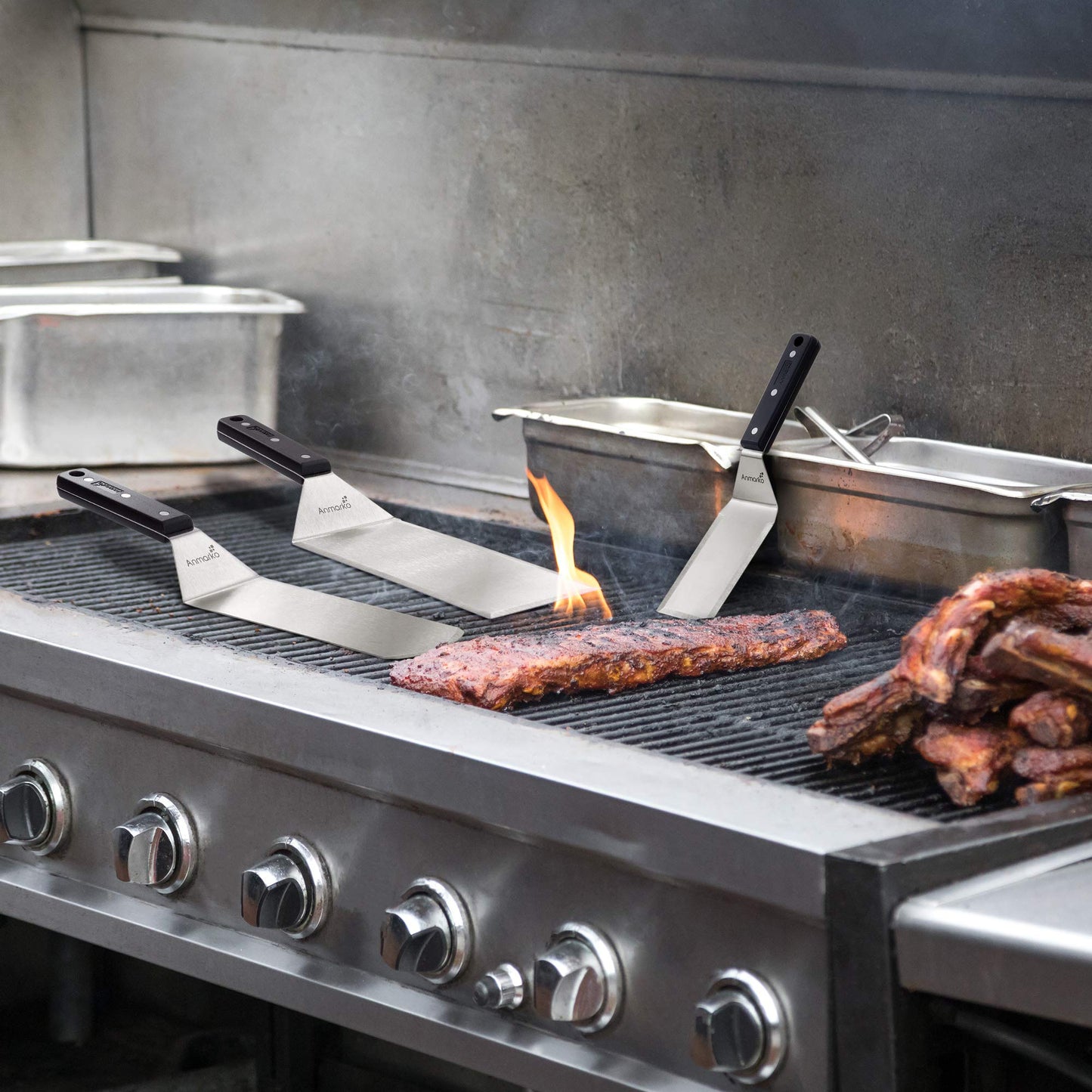 Anmarko Stainless Steel Griddle Spatula Set - Heavy Duty & Sturdy - 3 Piece Set - Dishwasher Safe