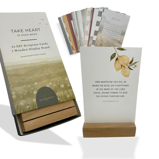 Take Heart ESV Scripture Cards Set, 52 Cards with Wooden Display Stand, Christian Inspirational Decor