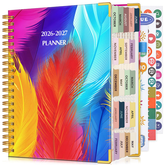 Planner 2026-2027, 18 Months Weekly and Monthly Daily Planner from January 2026 - June 2027, 8.5" x 11" A4 Large Hardcover Agenda Organizer Book 2026 with Tabs, Spiral Yearly Calendar Planners for School Work Home, Colorful Feather