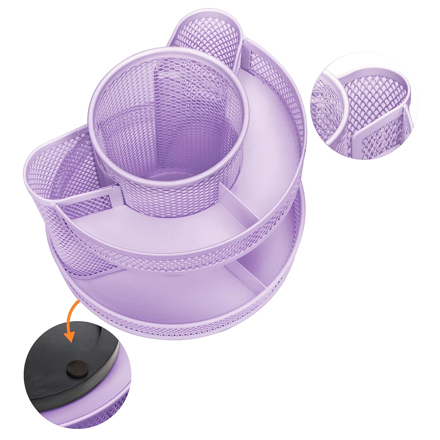 Annova Mesh Desk Organizer Rotate with 6 Compartments Round Spinning Tidy Candy/Pen Holder Desk Accessories Office, Art Supply, Storage, Classroom, Home (Light Purple)