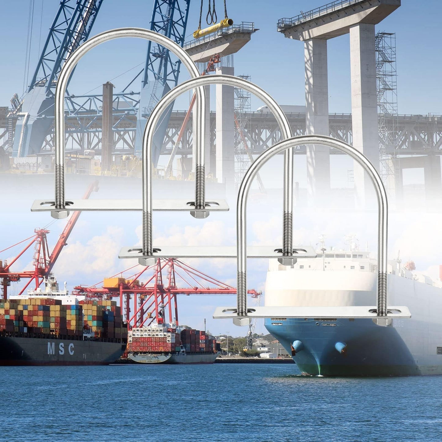 ACXFOND 4Pack Round U-Bolts 5.4"" Inner Widthx6.4 Length Stainless Steel U Bolts with Nuts, Frame Plate, Washers for Ski Boat, Fishing Boat or Sailboat Trailer