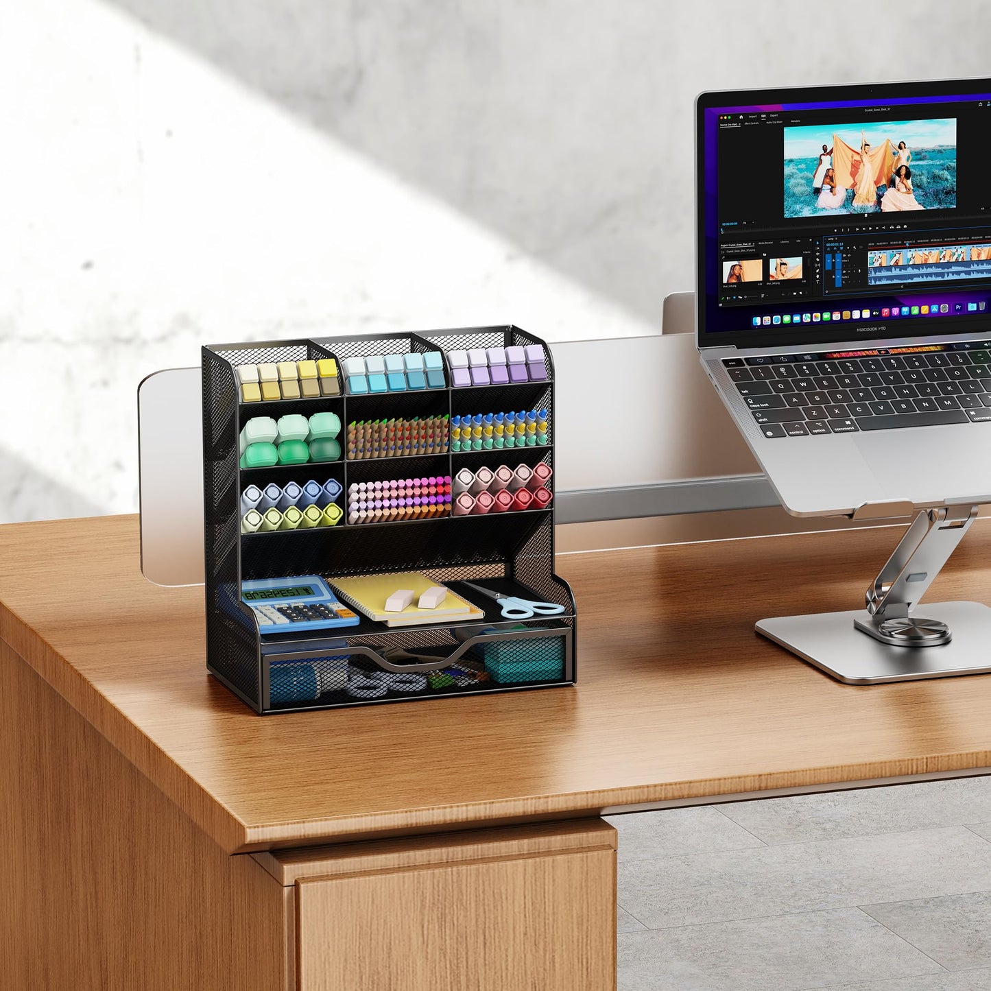 Auvo APH02 Multi-Functional Pen Pencil Holder, Desk Organizer with Drawer, Office & Art Supplies Storage，Large Size (Black)