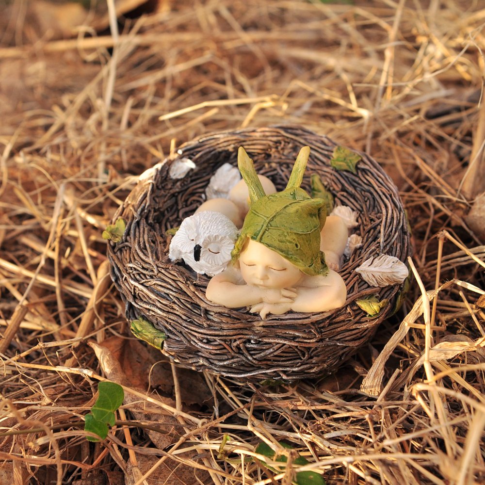 Top Collection Miniature Fairy Garden and Terrarium Sleeping Fairy Baby with Owl in Nest Statue