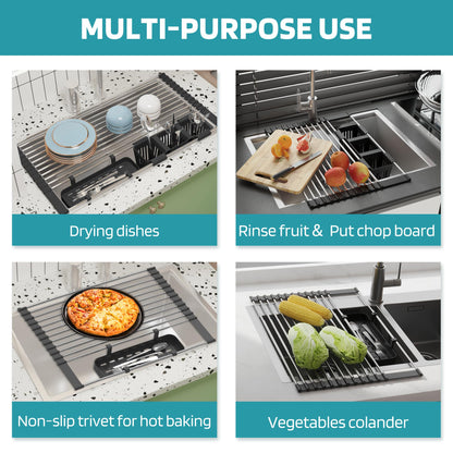 Black Expandable Roll Up Dish Drying Rack Up to 22.8''with 2 Storage Baskets,Over The Sink Kitchen Rolling up Dish Drainer Drying Rack , Foldable,Rollable,for Kitchen Dishes(Expandable Width Size)