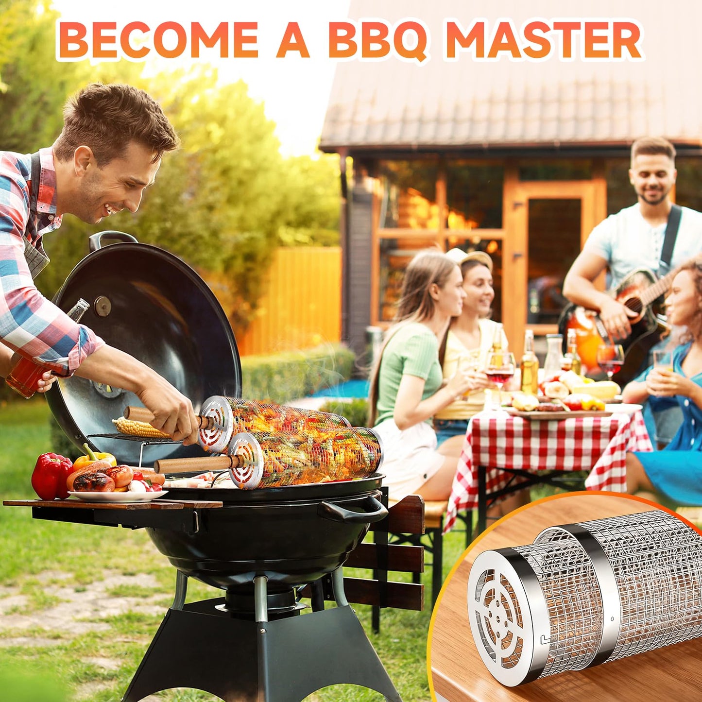 2PCS Rolling Grill Baskets with Removable Wooden Handle,304 Stainless Steel Nesting BBQ Basket for Outdoor Cooking Camping,BBQ Accessories Tools for Vegetables,Seafood & Meat,Gifts for Men Dad Husband