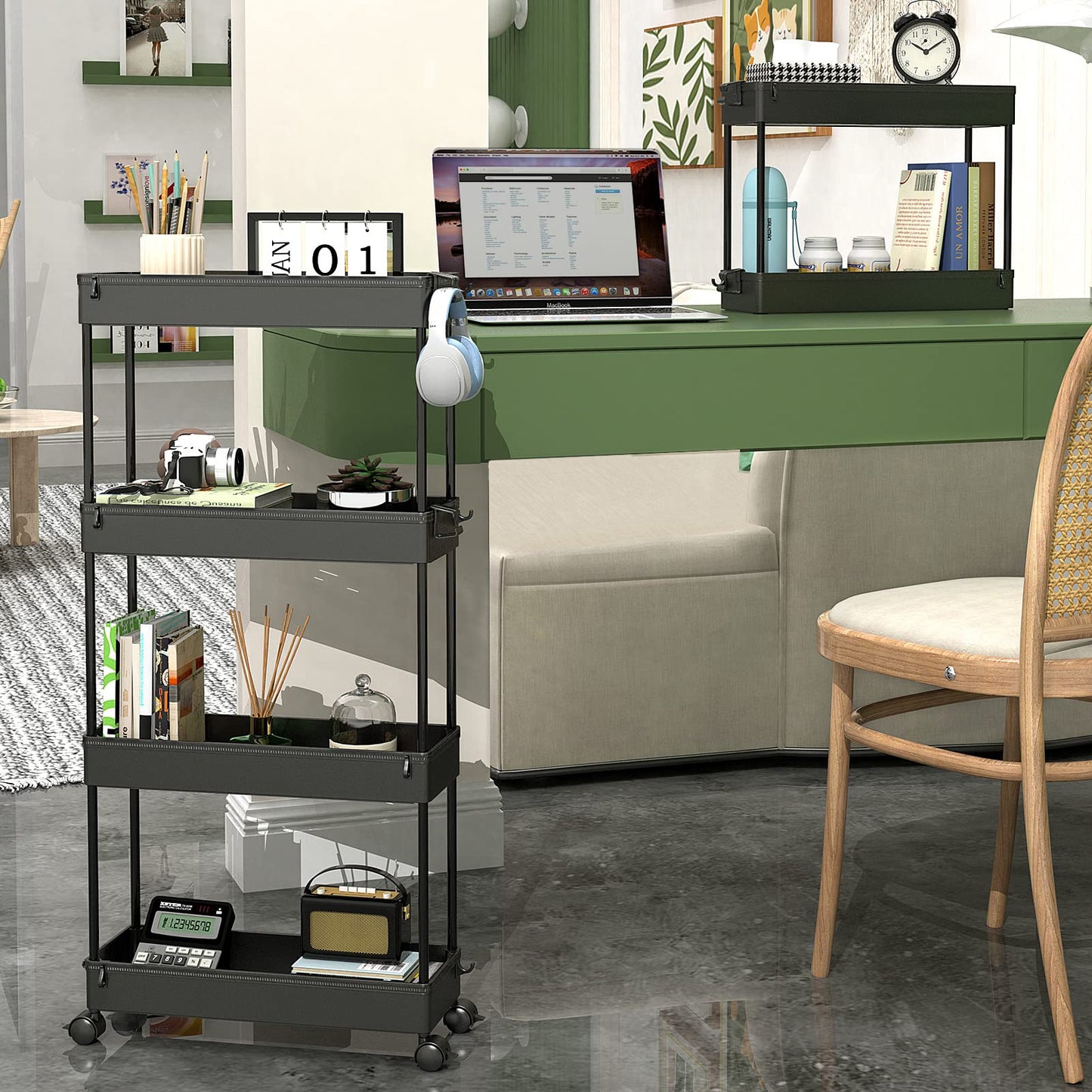 SPACEKEEPER Slim Rolling Storage Cart 4 Tier Bathroom Organizer Mobile Shelving Unit Storage Rolling Utility Cart Tower Rack for Kitchen Bathroom Laundry Narrow Places, Black
