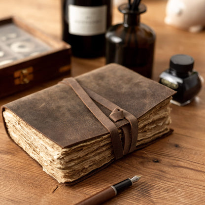 Vintage Leather Journal, 240 Pages Tree-Free Cotton Deckle Edge Paper, Blank Leather Bound Journal Book of Shadows, Antique Handmade Art Journal Old Style Notebook, MOONSTER® Leather Sketchbook 7"x5"