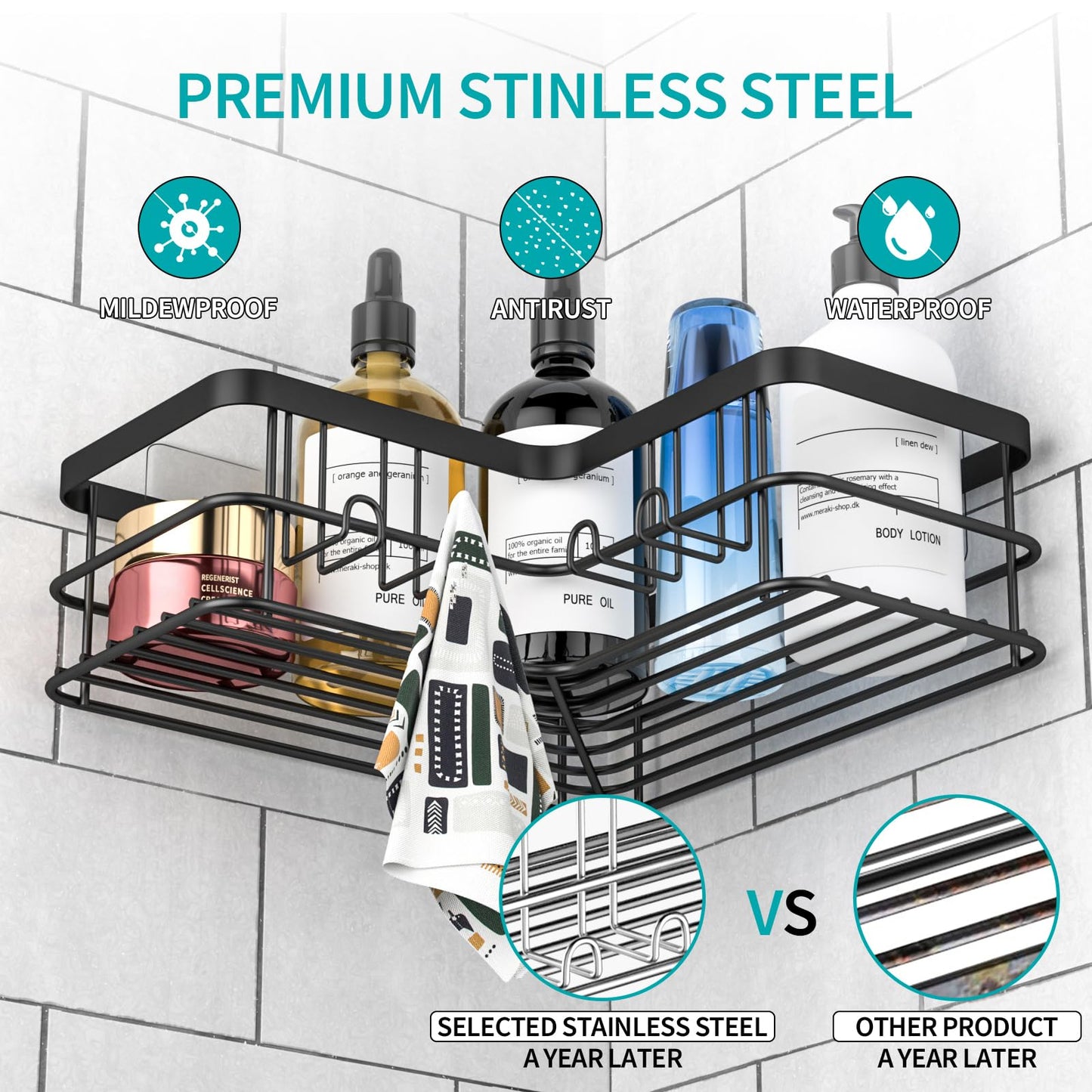 Yazoni Corner Shower Caddy, Adhesive Shower Shelves No Drilling [2-Pack], Rustproof Stainless Steel Bathroom Shower Organizer Wall Mounted with 8 Hooks (Black)