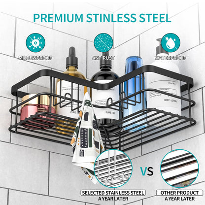 Yazoni Corner Shower Caddy, Adhesive Shower Shelves No Drilling [2-Pack], Rustproof Stainless Steel Bathroom Shower Organizer Wall Mounted with 8 Hooks (Black)