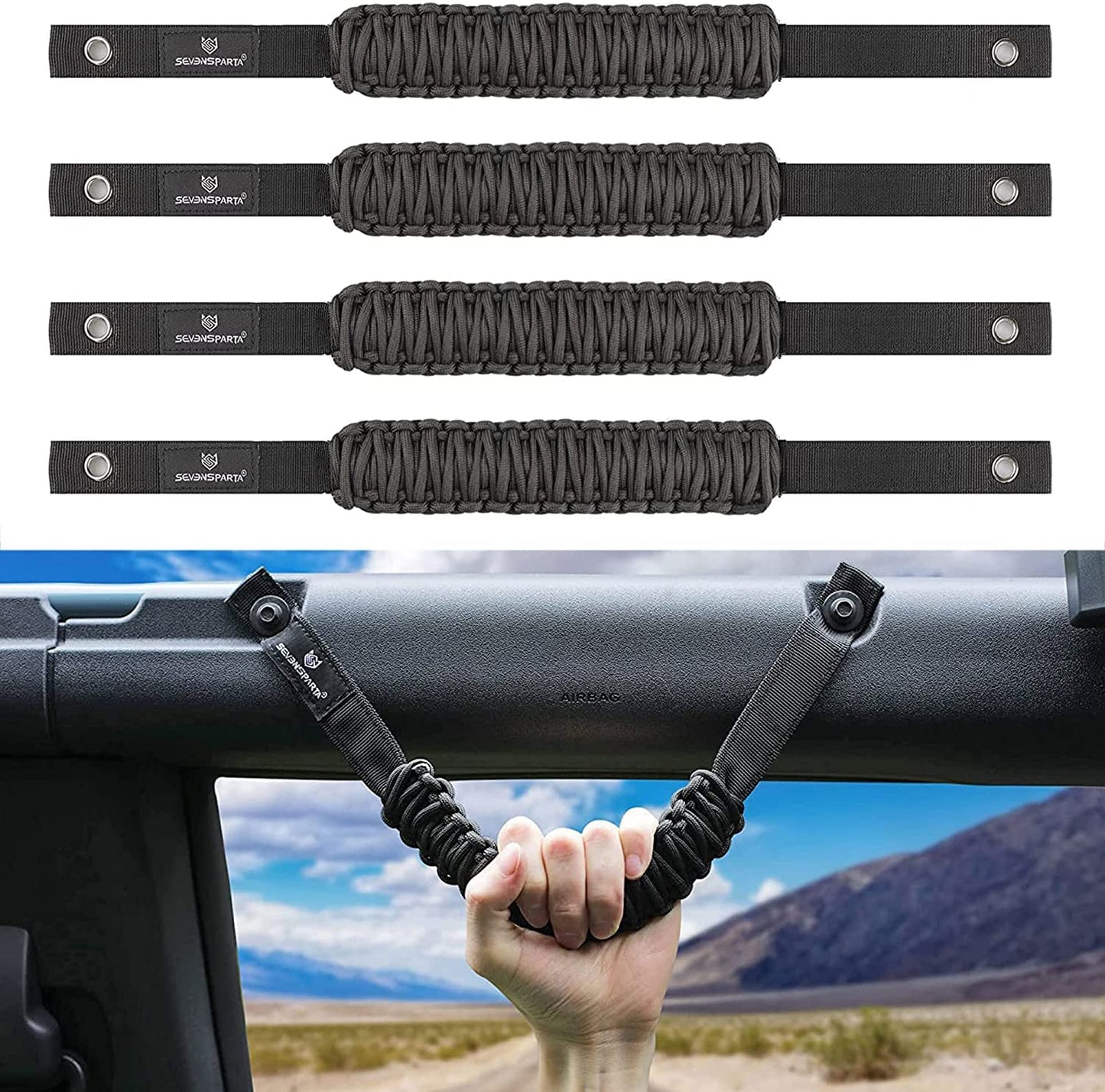 SEVEN SPARTA 4 Pack Roll Bar Grab Handles Compatible With Ford Bronco 2021-2024 2/4 Door, Paracord Grip Handle, Interior Accessories (Not Compatible With Bronco Sport)