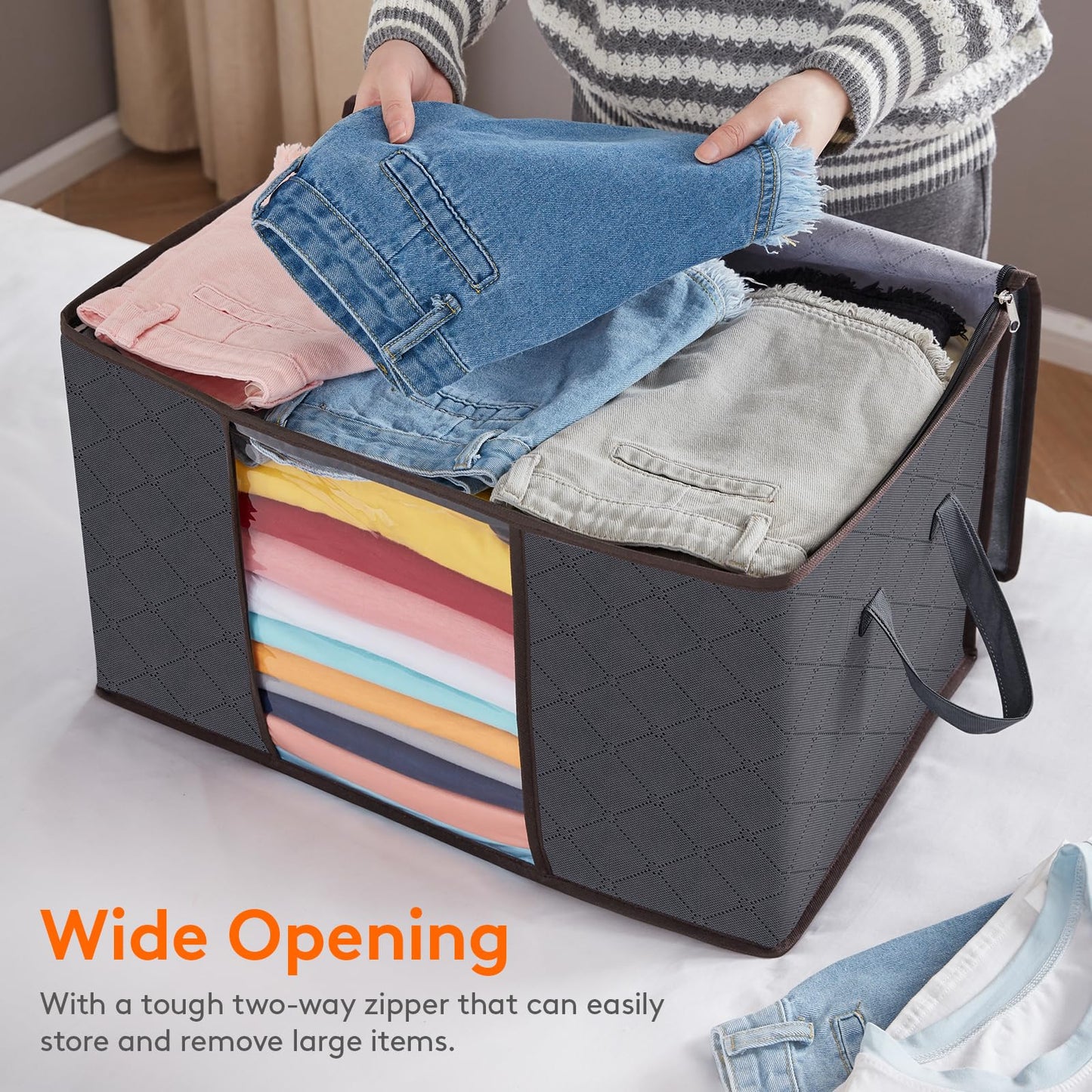 Lifewit 4 Pack Clothes Storage Bag, Foldable Storage Bins for Clothes, Blankets, Fabric Wardrobe Closet Organizers with Reinforced Handle, Sturdy Zipper, Moving Bags With Clear Window, Grey
