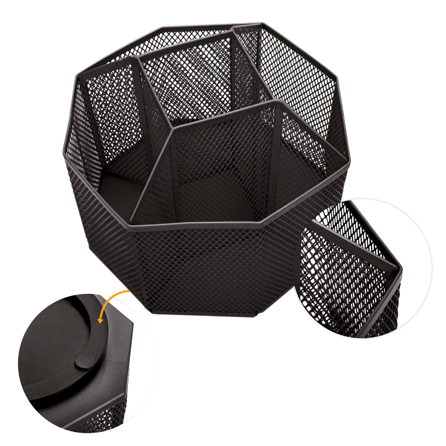 Annova Mesh Desk Organizer Rotate with 5 Compartments Spinning Tidy Candy/Pen Holder Office, Art Supply, Storage, Classroom, Home (Black)