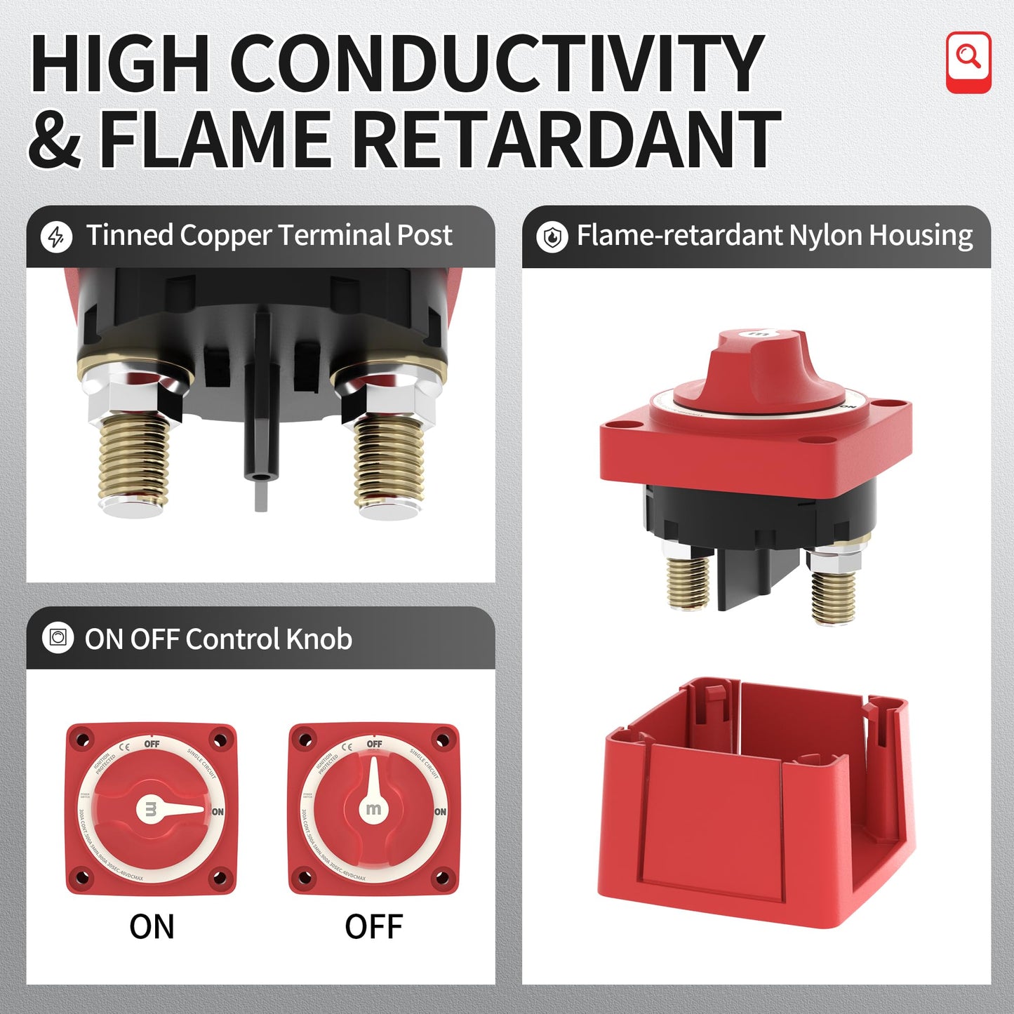 RVMARINEPAT Boat Battery Disconnect Switch Waterproof 12V 48V Battery Shut Off Switch ON/Off 300A Heavy Duty & Ignition Protected Power Kill Switch for Marine Car RV Truck
