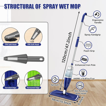 Spray Floor Mops with 3 Reusable Washable Pads for Cleaning Floors - EXEGO Microfibre Floor Mop with Spray Wet Dry Mops Household Flat Mop for Cleaning Laminate Tile Wood Hardwood Ceramic Vinyl