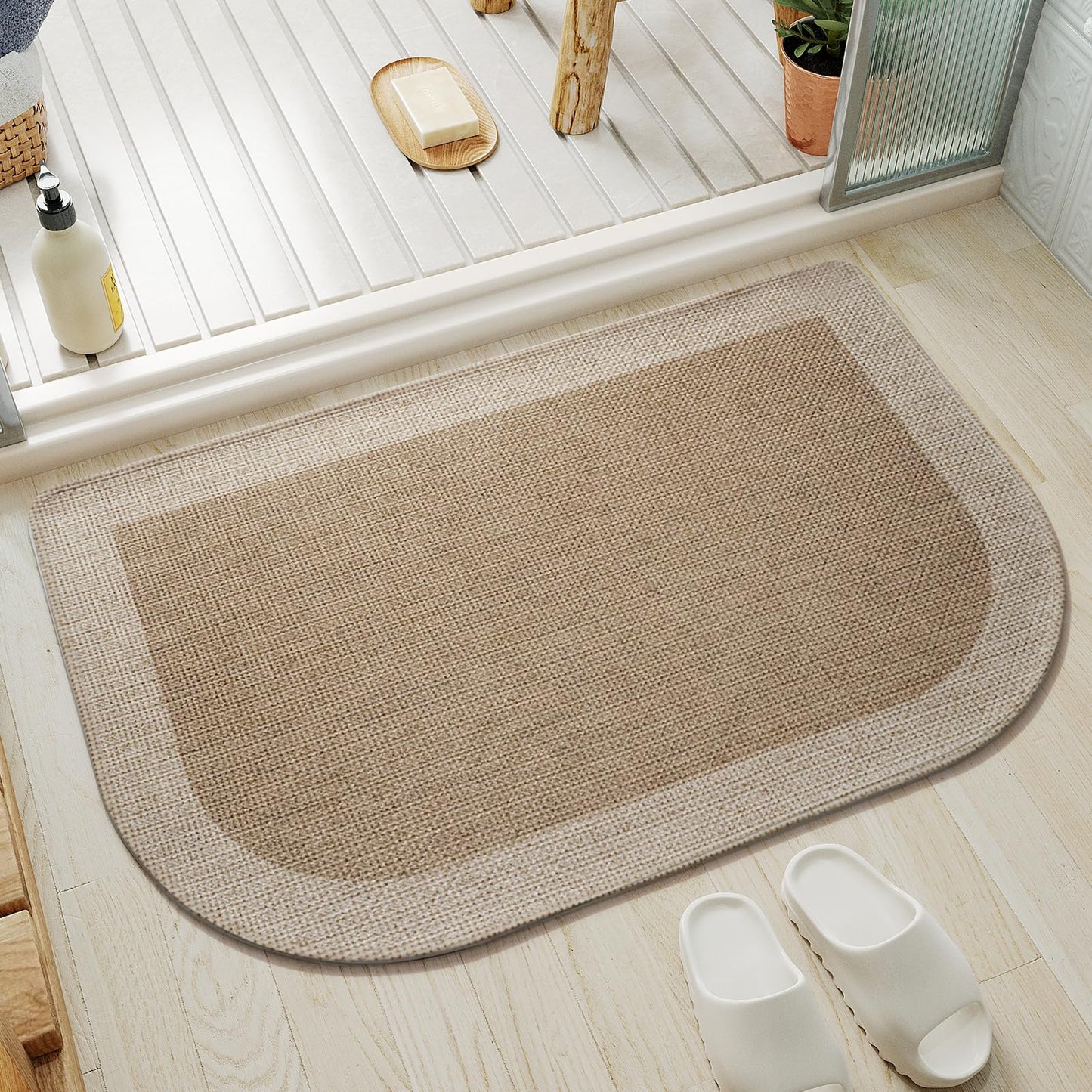 Bathroom Rugs Mat 20x31, Ultra Thin Non Slip Bath Mats for Bathtub Quick Dry Absorbent Rubber Bathroom Mat Fit Under Door, Washable Half Round Bath Rugs, Beige Brown