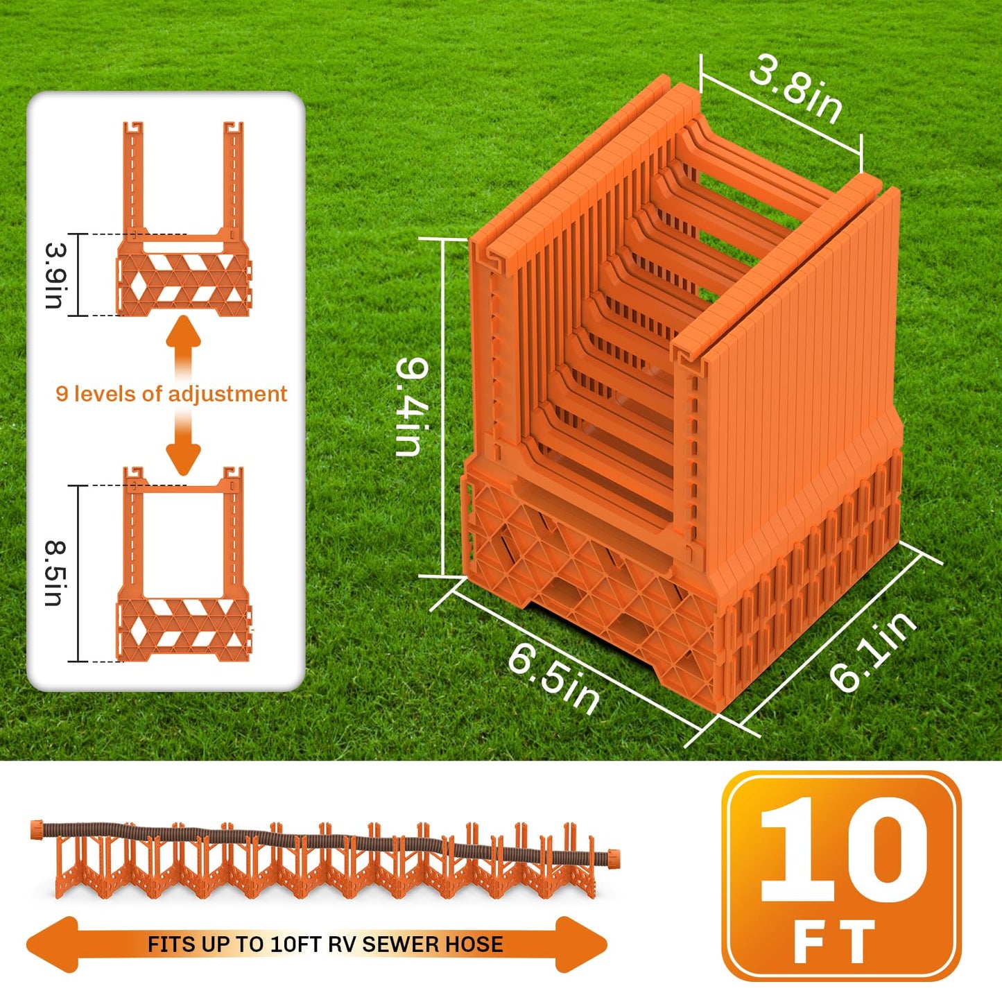 WELLUCK RV Sewer Hose Support 10FT, Blaze Orange RV Sewer Support with Adjustable Height Design, Secure Rubber Band and Carry Strap
