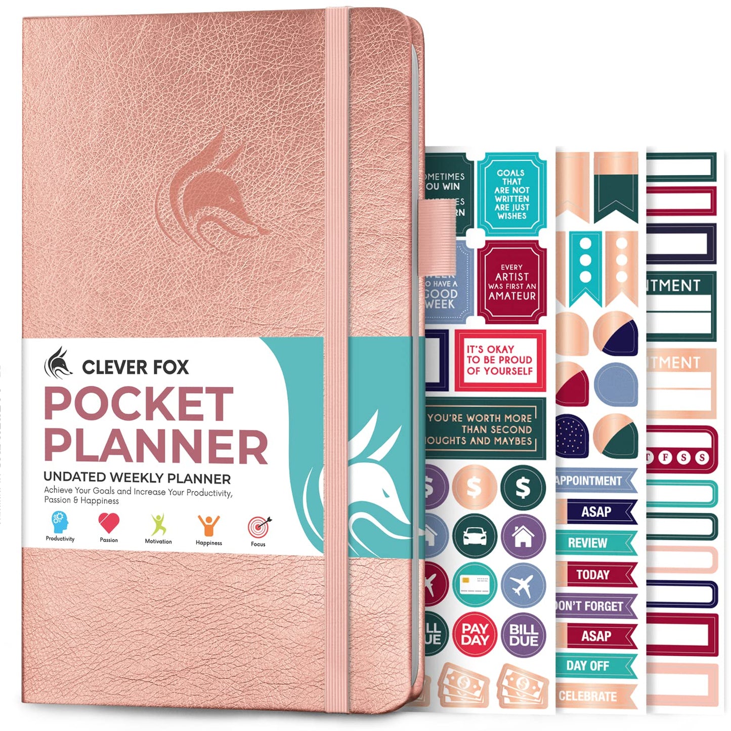 Clever Fox Pocket Planner Weekly – Undated Monthly Goal Planner and Calendar for Increasing Productivity, Mini Planner Perfect for Purse, Size: 3.7" x 6.7", Start Anytime, Lasts 1 Year – Rose Gold