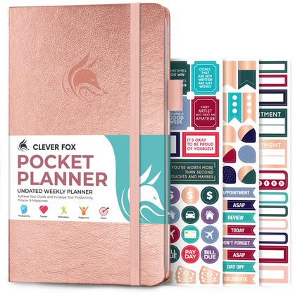 Clever Fox Pocket Planner Weekly – Undated Monthly Goal Planner and Calendar for Increasing Productivity, Mini Planner Perfect for Purse, Size: 3.7" x 6.7", Start Anytime, Lasts 1 Year – Rose Gold