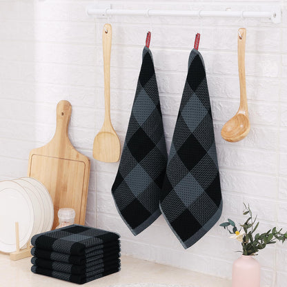 smiry 100% Cotton Kitchen Towels, 12" x 12", 6 Pack Waffle Weave Dish Cloths, Super Soft Dish Towels, Absorbent Quick Drying Tea Towels, Black&Dark Grey