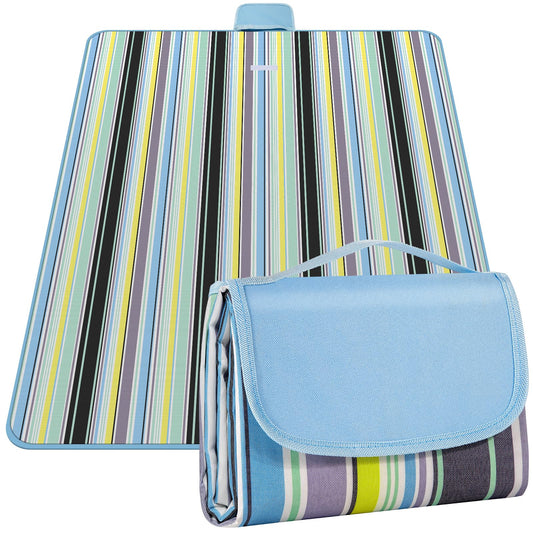 ADRIMER Large Picnic Blanket 77" x 79", Outdoor Waterproof Picnic Mat, Portable Beach Blanket for Family, Beach, Park, Camping, Hiking, Blue & White