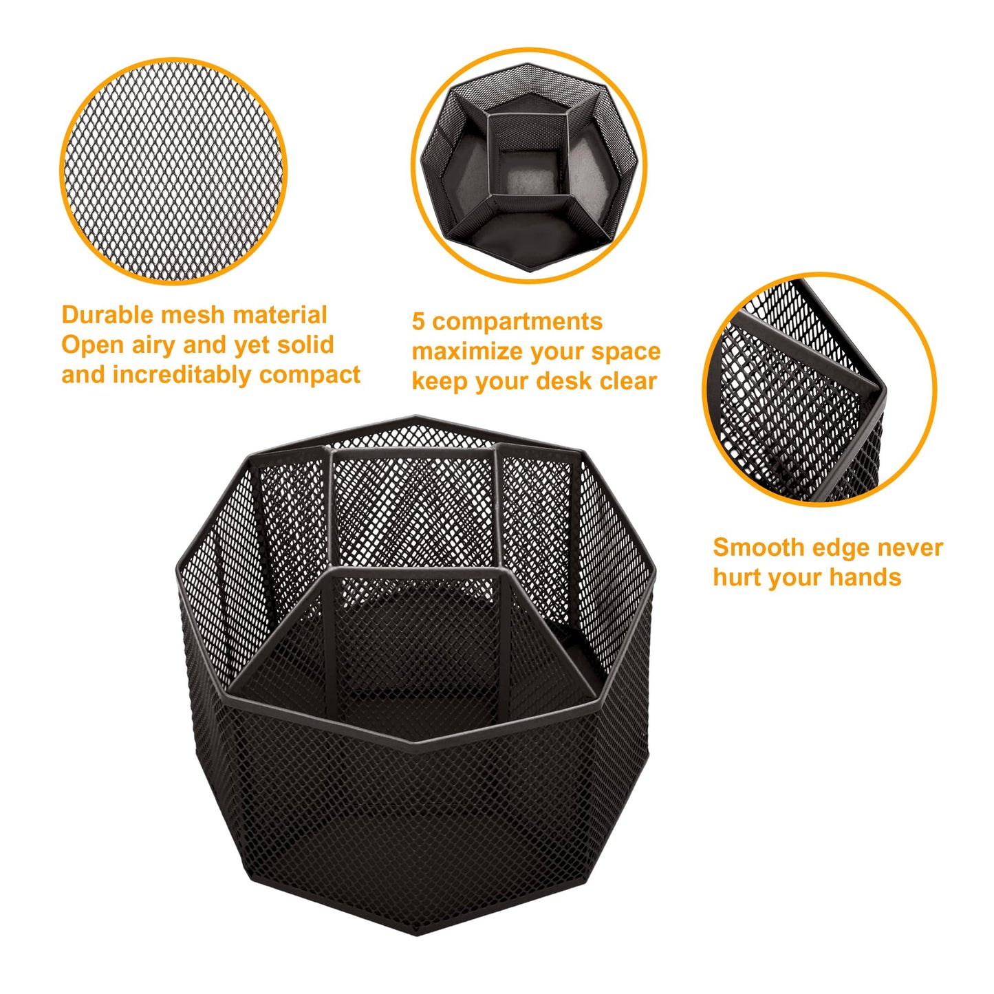 Annova Mesh Desk Organizer Rotate with 5 Compartments Spinning Tidy Candy/Pen Holder Office, Art Supply, Storage, Classroom, Home (Black)