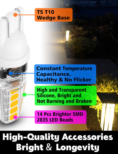 T5 T10 Wedge Base LED Landscape Bulbs 12V Low Voltage 2W 300lm, DC10-30V/AC12-24V 2700K Warm White for Outdoor Landscape Path Deck RV Camper Lights, 10 Pack
