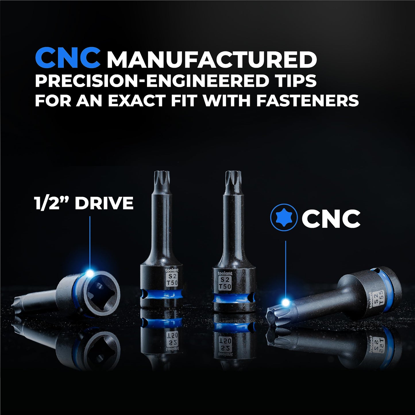 toolant Torx T70 Impact Bit Socket Set 2pcs,1/2" S2 Steel Air Drive Star Sockets, Long High Impact Bits,Professional Mechanic & Automotive Repair Socket Set