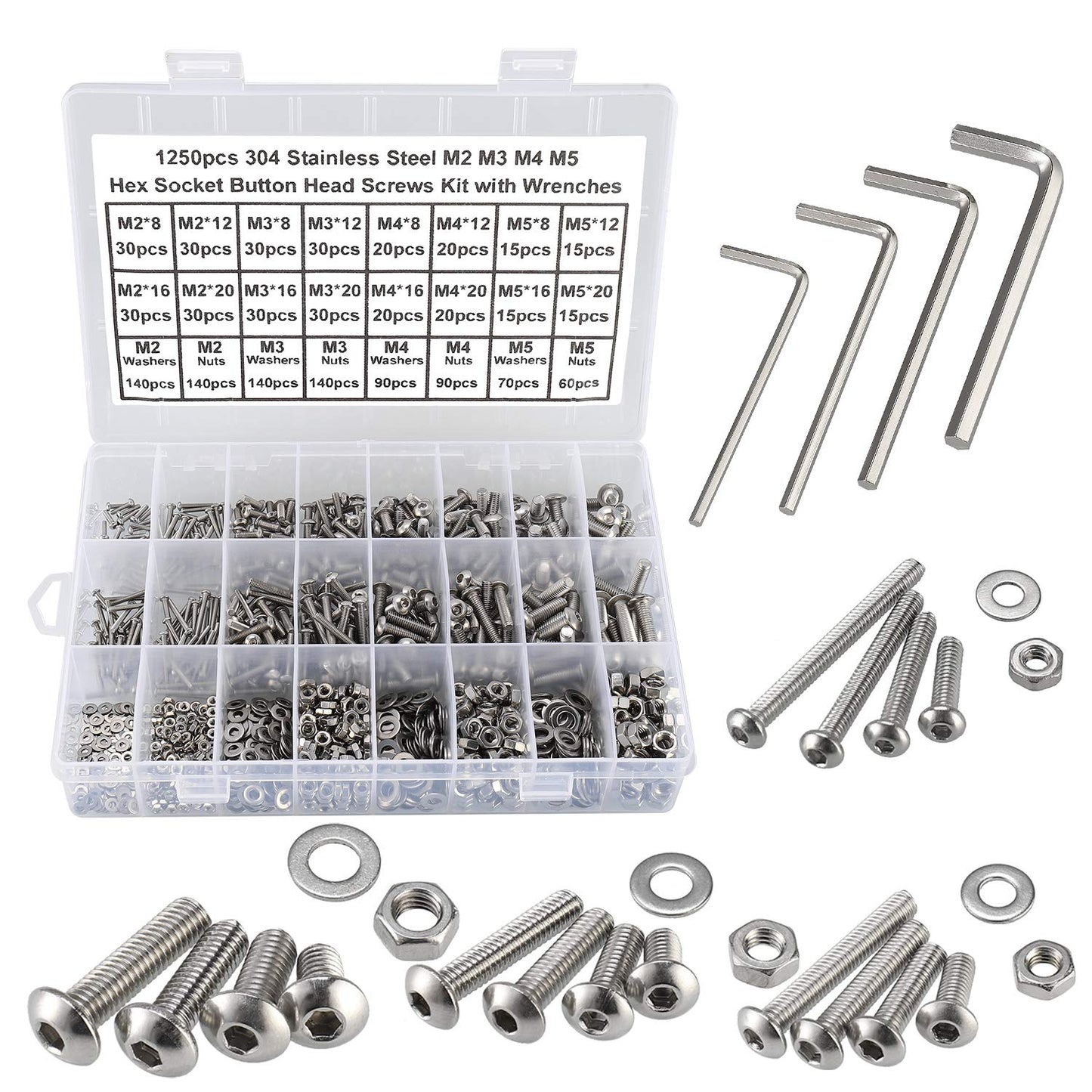 HanTof 1250Pcs 304 Stainless Steel M2 M3 M4 M5 Hex Button Head Cap Screws,Hex Socket Machine Screws, Hex Socket Bolts,Nuts and Washers Assortment Set Kit with 4 Hex Wrenches