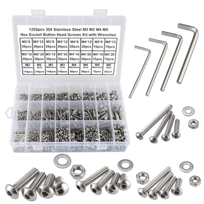 HanTof 1250Pcs 304 Stainless Steel M2 M3 M4 M5 Hex Button Head Cap Screws,Hex Socket Machine Screws, Hex Socket Bolts,Nuts and Washers Assortment Set Kit with 4 Hex Wrenches