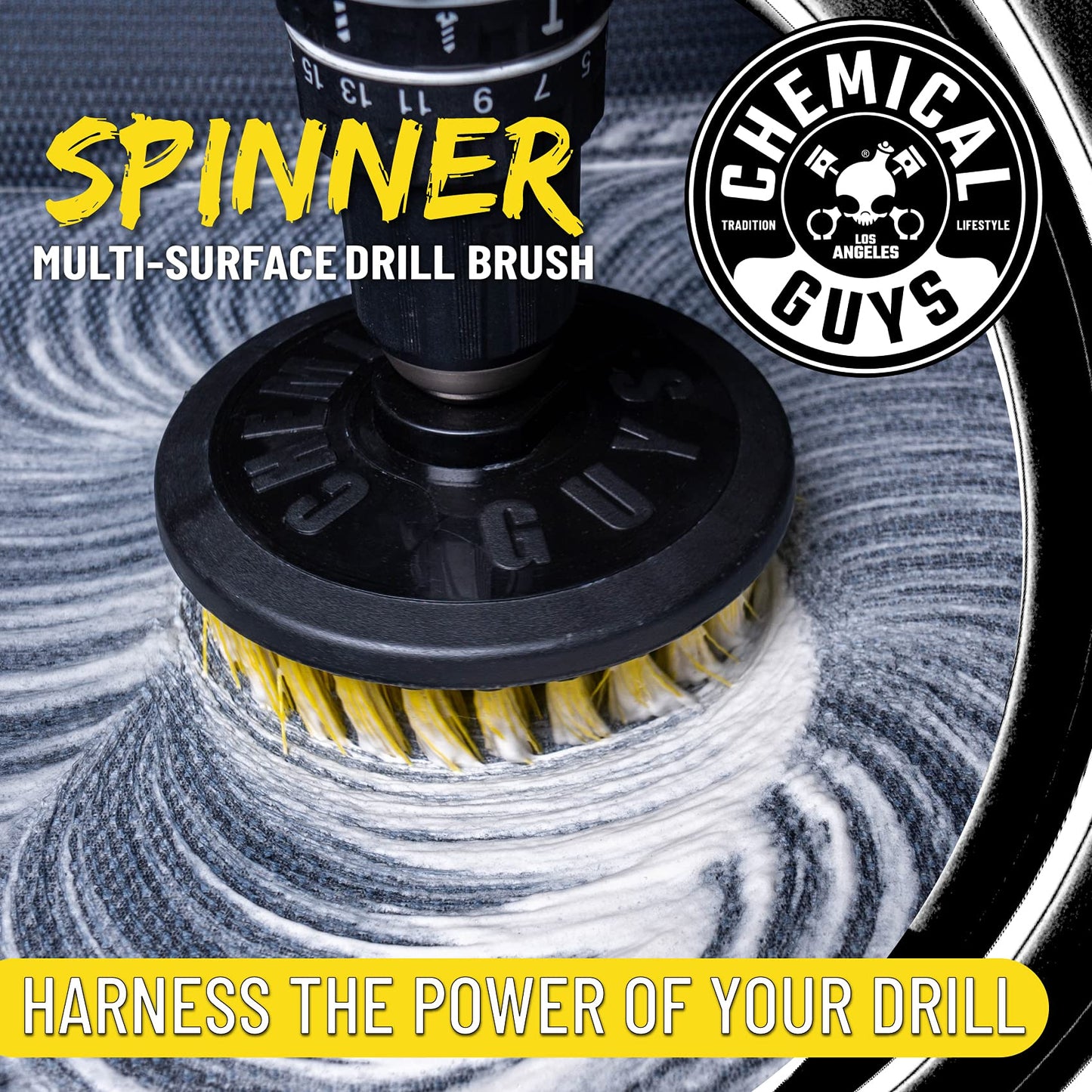 Chemical Guys Medium Duty Spinner Multi-Surface Drill Brush Attachment (Fits Any Standard Drill - Power Scrubber Removes Stains & Cleans Floor Mats, Upholstery & Carpets), Yellow