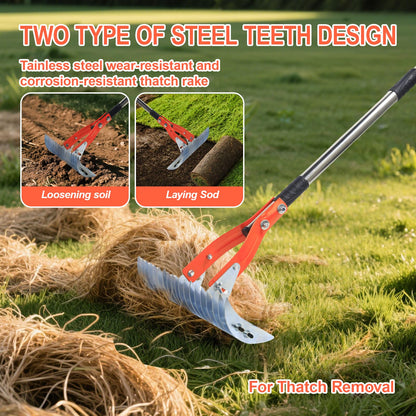 Thatch Rake for Lawns 15-Inch Lawn Dethatcher Rake with Adjustable Handle Heavy Heavy Duty with 5FT Handle, 70’’ for Leaves, Dethatching, Soil Turning, Gloves, Storage Bag