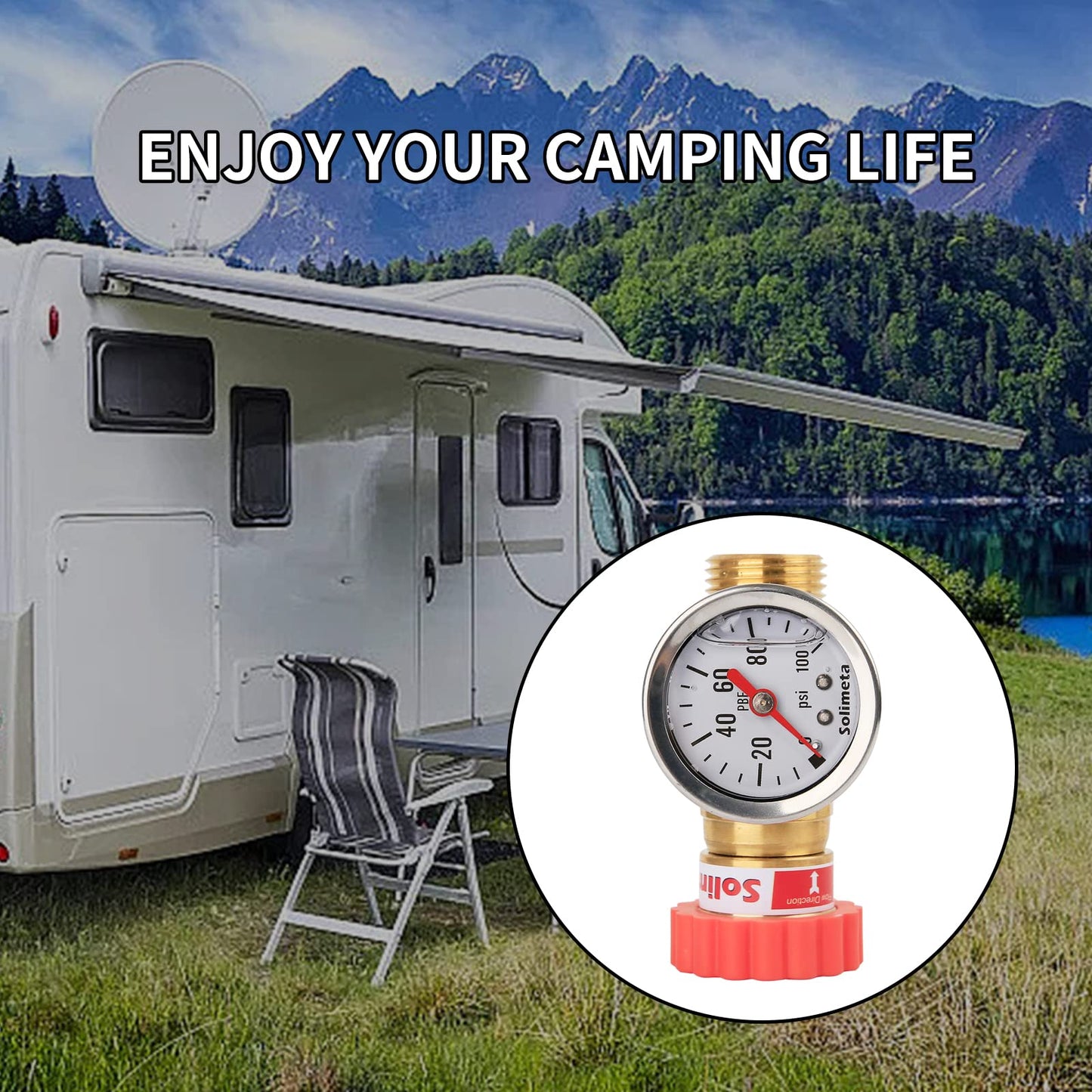 Solimeta Water Pressure Regulator with Stainless Steel Liquid Filled Lead-Free Pressure Gauge, Pressure Reducer for Camper, Trailer, RV, Garden, Plumbing System, 40-50 psi, 3/4" Hose