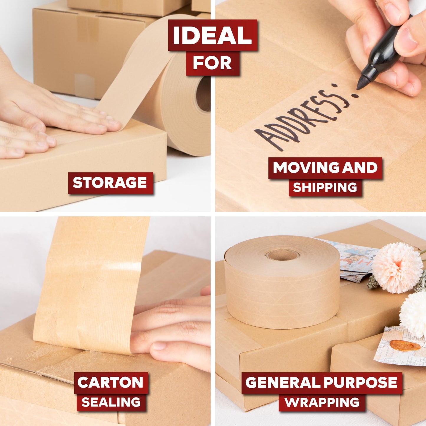 XFasten Reinforced Gummed Kraft Paper Packing Tape, 2.75 Inches x 375 Feet | Water Activated Brown Carton Box Packing and Sealing Tape for Mailing and Moving with Fiberglass Backing