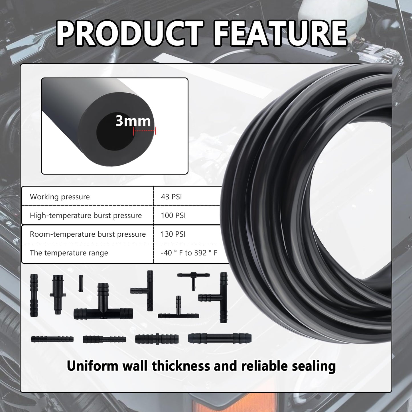 5Ft Automotive Vacuum Hose Kit,6PCS Silicone Tube Automotive with 64PCS Vacuum Line Connectors Car Accessories,Max 130PSI Silicone Hose for Car Replacement Vacuum Hose (70PCS)