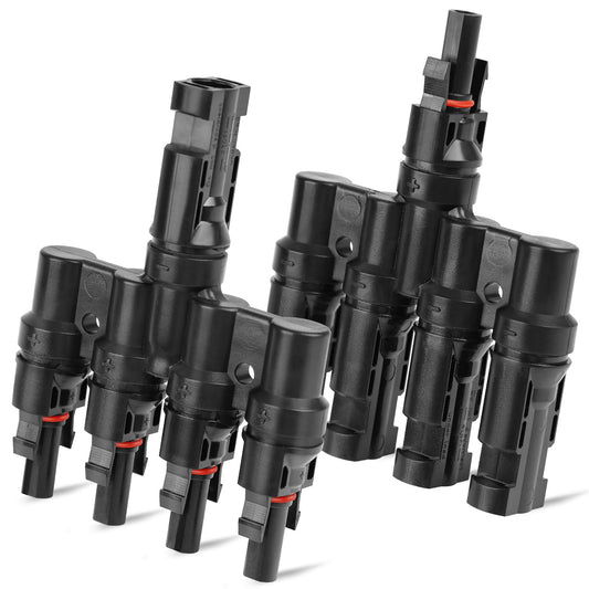 TCEUMIK Solar Panel T Branch Connector 1 Male to 4 Female and 1 Female to 4 Male MC4 Cable Wire Connector for Parallel Connection T-Type Coupler Combiner IP67 Waterproof 1 Pair