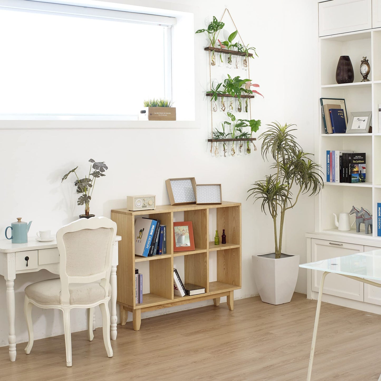 XXXFLOWER Wall Hanging Propagation Station with Wooden Stand 5 Glass Test Tubes 3 Tiered Planters Wall Terrarium for Home Office Plant Hanger Flower Vases Wall Decor Hydroponic Cuttings