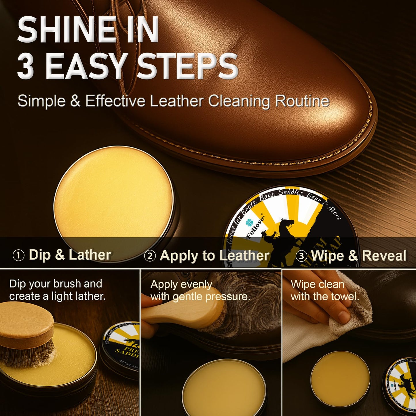 Saddle Soap for Leather – All-Natural 3-in-1 Leather Cleaner & Conditioner Kit with Horsehair Brush & Cloth – For Boots, Bags, Saddles, Car Interiors, Shoes 3.52oz