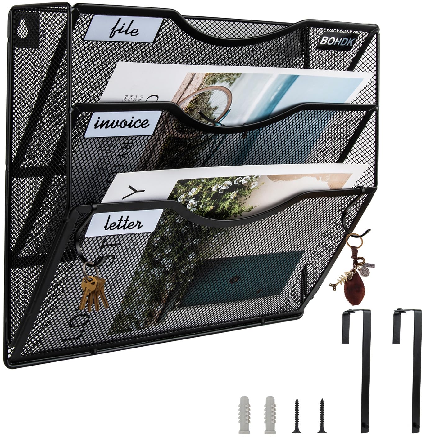 Wall File Organizer, 3 Tire Hanging File Folder Mail Organizer, Vertical Mesh Metal Door/Wall Mount Hanging File Holder, Paper Document Magazine Rack with Hooks for Home Office Black